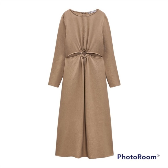 NWT ZARA Blogger Favorite Cutout Buckle Long Sleeve Midi Dress Sand Size Small - Picture 6 of 11